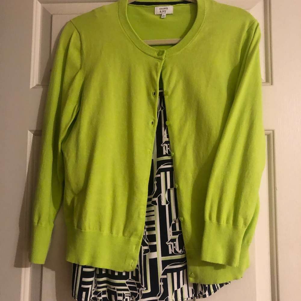 Crown & Ivy. Lime Green cardigan. Also, Black & white & lime green tank. Large